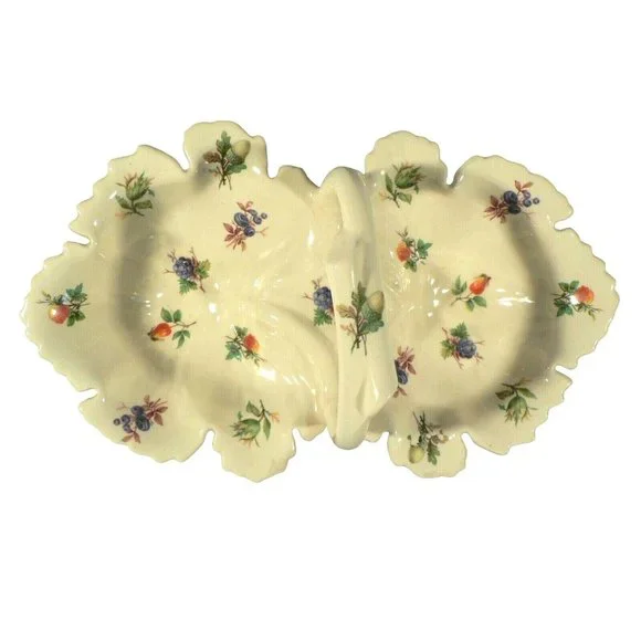 Porcelain candy nut dish Mabel 1976 handle double divisions bottom signed - Picture 2 of 11